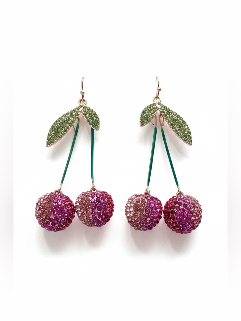 Piper K Sparkling Crystal Pink Cherry Drop Earrings with Green Leaves NEW - Picture 4 of 4